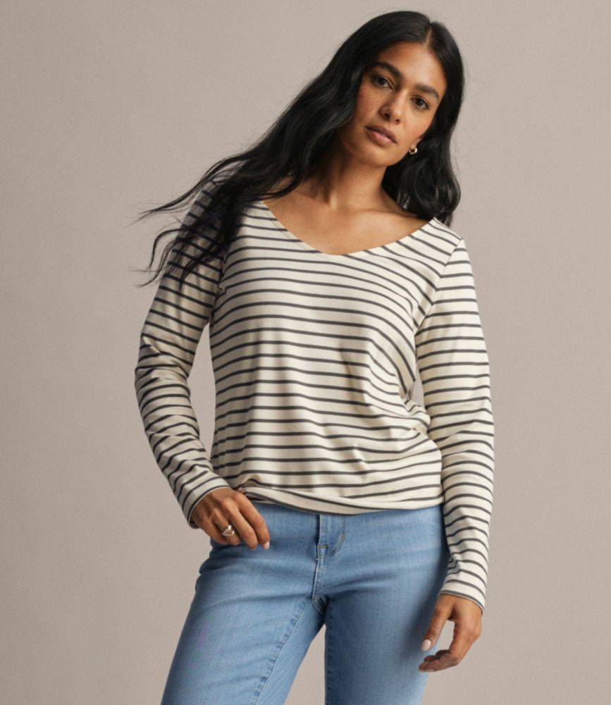 Women's Pima Cotton Tee, Long-Sleeve Open V-Neck Stripe, Cream/Shadow Green, small image number 5