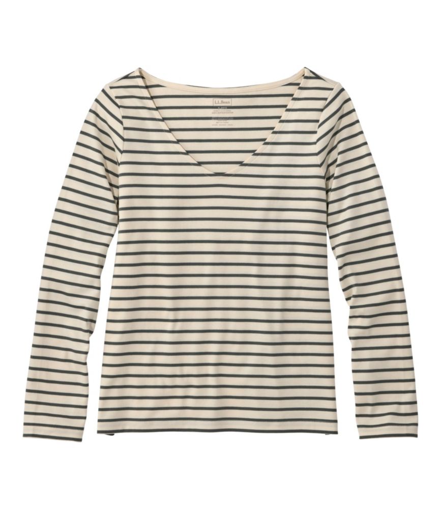 Women's Pima Cotton Tee, Long-Sleeve Open V-Neck Stripe
