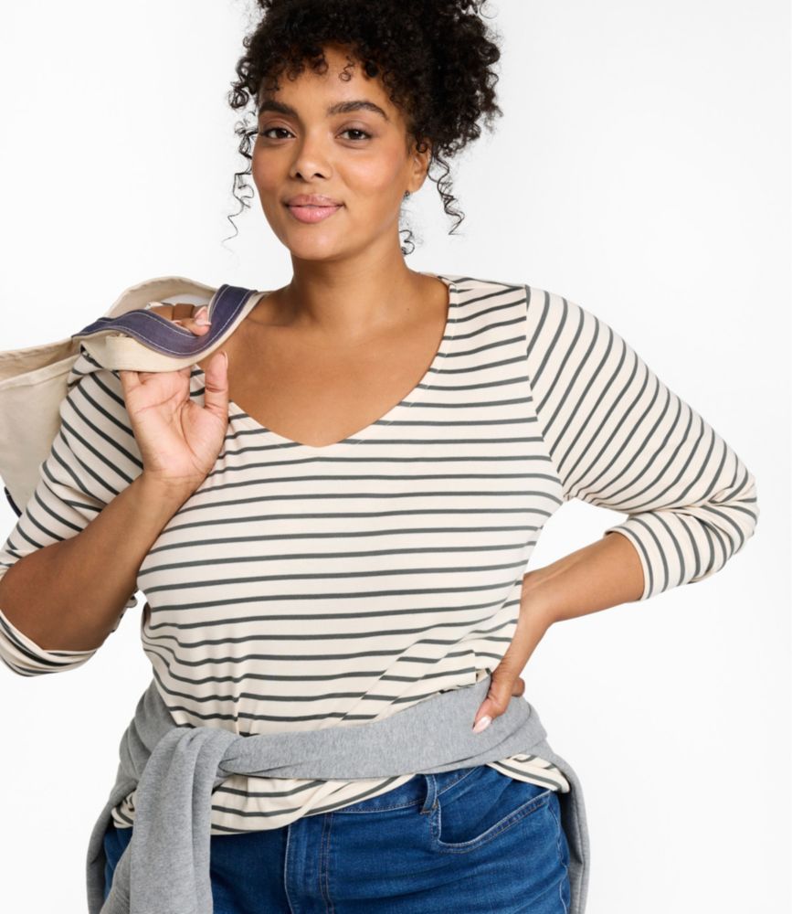 Women's Pima Cotton Tee, Long-Sleeve Open V-Neck Stripe