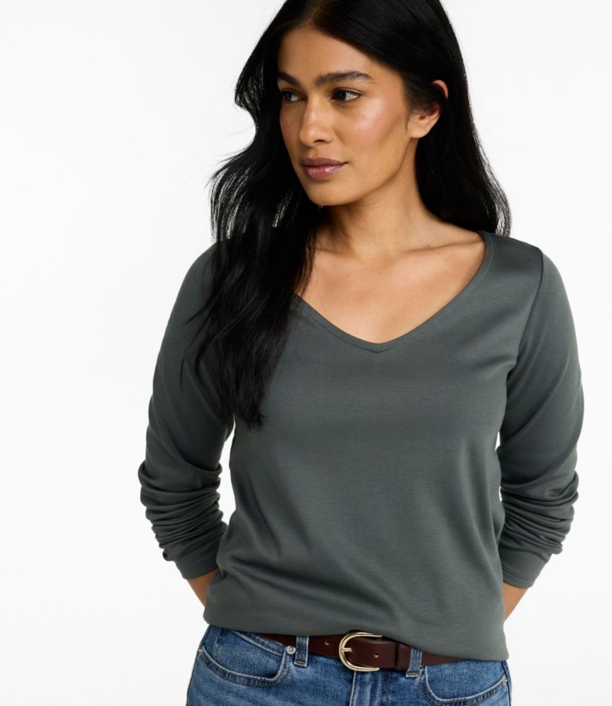 Women's Pima Cotton Tee, Long-Sleeve Open V-Neck